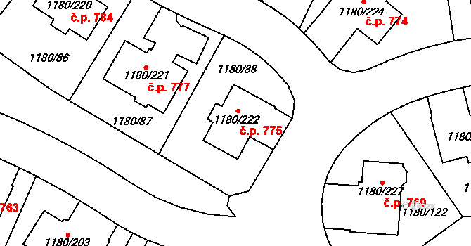 Nebušice 775, Praha na parcele st. 1180/222 v KÚ Nebušice, Katastrální mapa