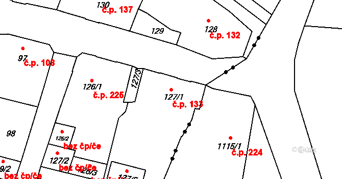Liberec VII-Horní Růžodol 133, Liberec na parcele st. 127/1 v KÚ Horní Růžodol, Katastrální mapa