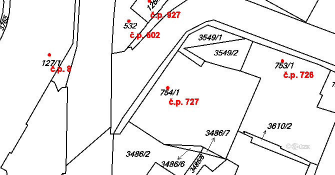 Rosice 727 na parcele st. 754/1 v KÚ Rosice u Brna, Katastrální mapa