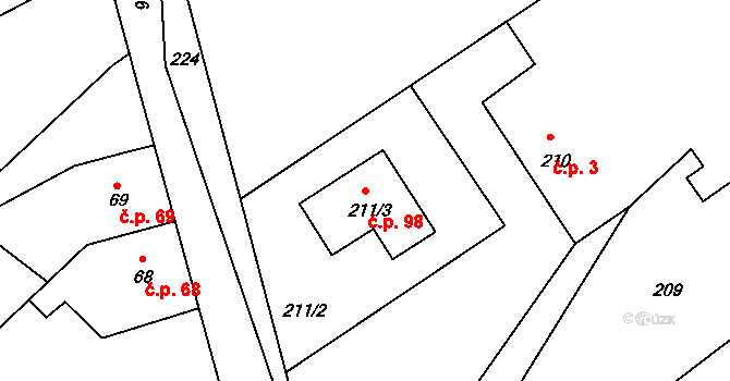 Vinařice 98, Týnec nad Labem na parcele st. 211/3 v KÚ Vinařice u Týnce nad Labem, Katastrální mapa