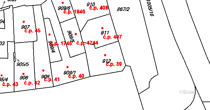 Jirkov 39 na parcele st. 912 v KÚ Jirkov, Katastrální mapa