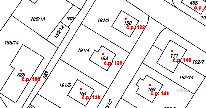 Zlonín 128 na parcele st. 153 v KÚ Zlonín, Katastrální mapa