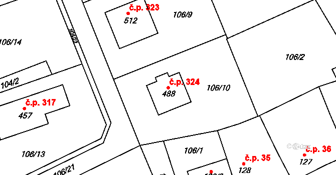 Cerhovice 324 na parcele st. 488 v KÚ Cerhovice, Katastrální mapa