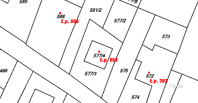 Želechovice nad Dřevnicí 593 na parcele st. 577/4 v KÚ Želechovice nad Dřevnicí, Katastrální mapa