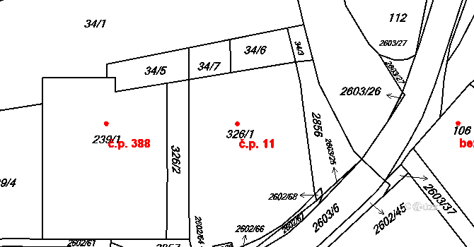 Břestek 11 na parcele st. 326/1 v KÚ Břestek, Katastrální mapa