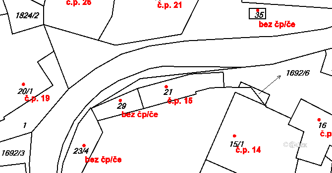 Mezholezy 15 na parcele st. 21 v KÚ Mezholezy u Horšovského Týna, Katastrální mapa
