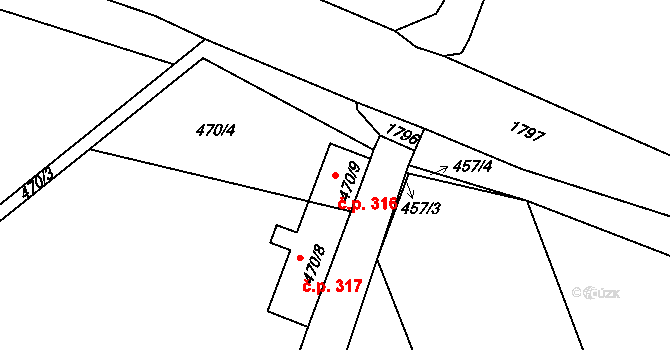 Sobotín 316 na parcele st. 470/9 v KÚ Sobotín, Katastrální mapa