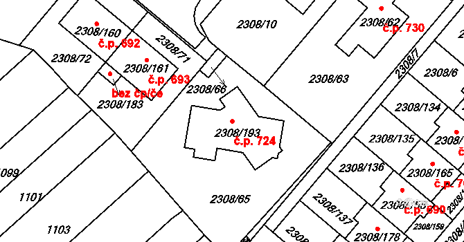 Obřany 724, Brno na parcele st. 2308/193 v KÚ Obřany, Katastrální mapa