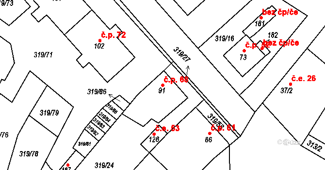 Dubice 68, Řehlovice na parcele st. 91 v KÚ Dubice nad Labem, Katastrální mapa