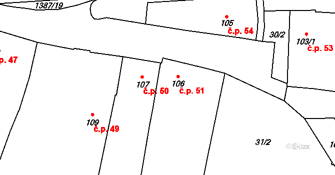 Vranov nad Dyjí 51 na parcele st. 106 v KÚ Vranov nad Dyjí, Katastrální mapa
