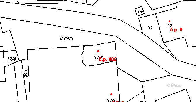 Paršovice 106 na parcele st. 34/3 v KÚ Paršovice, Katastrální mapa