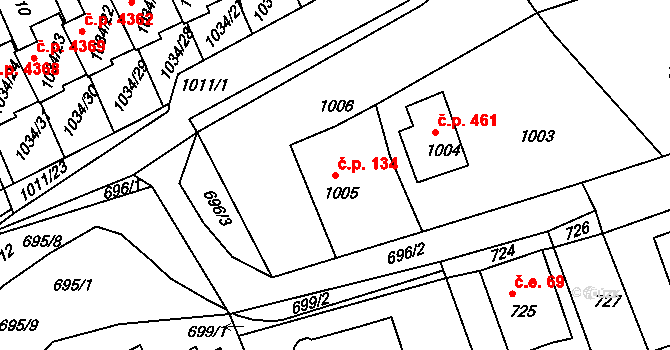 Mšeno nad Nisou 134, Jablonec nad Nisou na parcele st. 1005 v KÚ Mšeno nad Nisou, Katastrální mapa