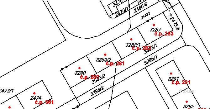 Lyžbice 281, Třinec na parcele st. 3289/2 v KÚ Lyžbice, Katastrální mapa