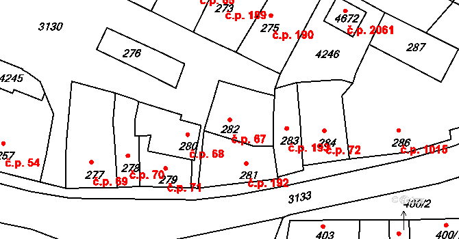 Čelákovice 67 na parcele st. 282 v KÚ Čelákovice, Katastrální mapa