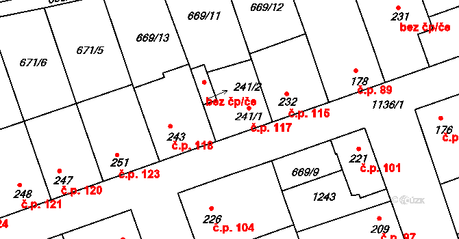Olšany 117, Brandýsek na parcele st. 241/1 v KÚ Brandýsek, Katastrální mapa