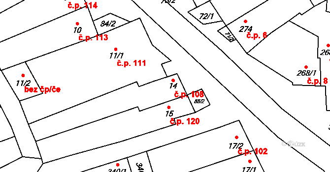 Hrubá Vrbka 108 na parcele st. 14 v KÚ Hrubá Vrbka, Katastrální mapa
