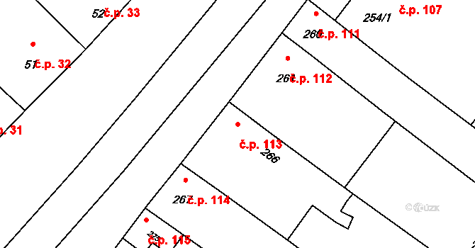 Sudoměřice 113 na parcele st. 266 v KÚ Sudoměřice, Katastrální mapa