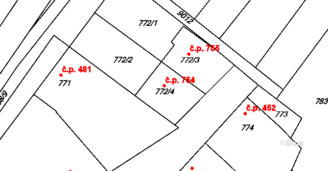Šardice 754 na parcele st. 772/4 v KÚ Šardice, Katastrální mapa