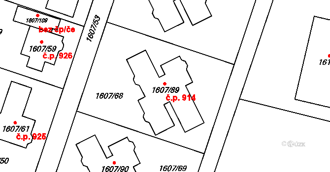 Kosmonosy 914 na parcele st. 1607/89 v KÚ Kosmonosy, Katastrální mapa