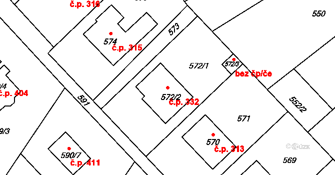 Křelov 332, Křelov-Břuchotín na parcele st. 572/2 v KÚ Křelov, Katastrální mapa
