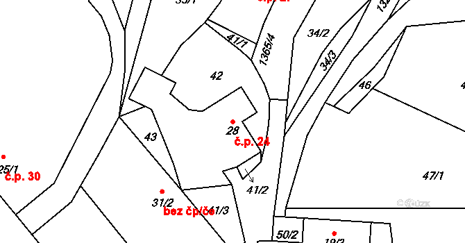 Ždírec 24 na parcele st. 28 v KÚ Ždírec v Podbezdězí, Katastrální mapa