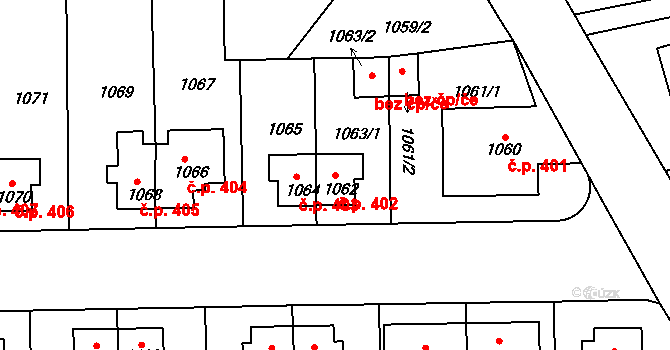 Jilemnice 402 na parcele st. 1062 v KÚ Jilemnice, Katastrální mapa
