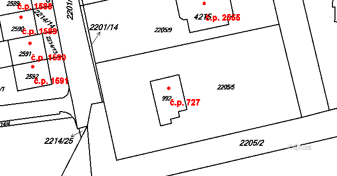 Rožnov pod Radhoštěm 727 na parcele st. 992 v KÚ Rožnov pod Radhoštěm, Katastrální mapa