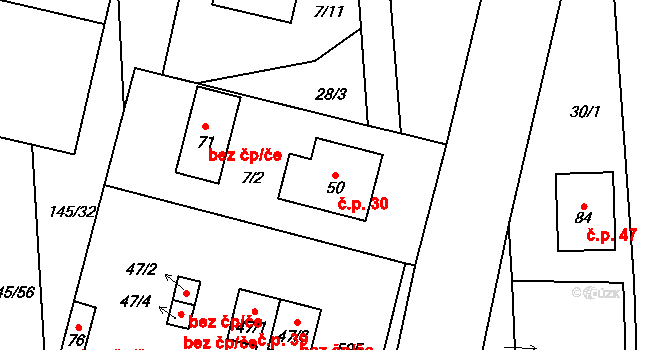 Senožaty 30, Bechyně na parcele st. 50 v KÚ Senožaty u Bechyně, Katastrální mapa