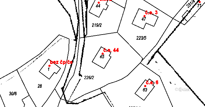 Štěpánov 44, Lukov na parcele st. 45 v KÚ Štěpánov u Lukova, Katastrální mapa