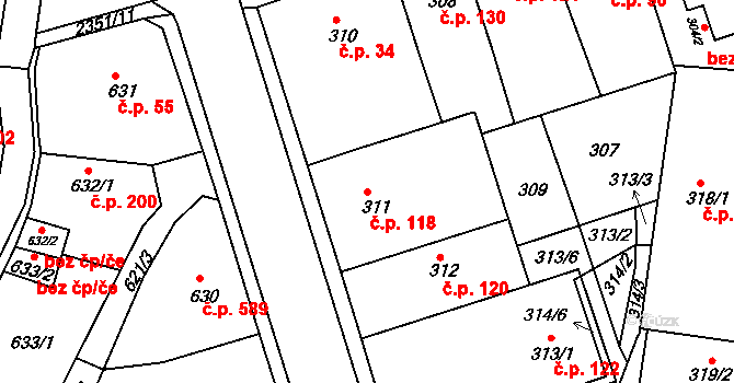 Trnovany 118, Teplice na parcele st. 311 v KÚ Teplice-Trnovany, Katastrální mapa