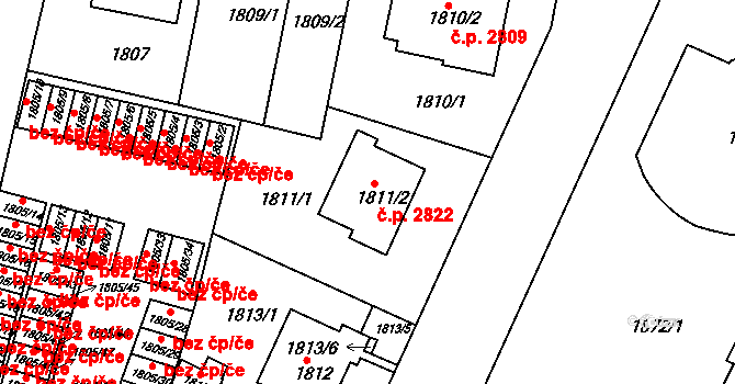 Teplice 2822 na parcele st. 1811/2 v KÚ Teplice, Katastrální mapa
