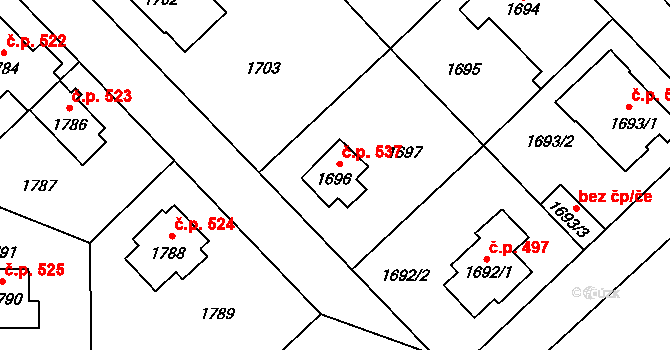 Suchdol 537, Praha na parcele st. 1696 v KÚ Suchdol, Katastrální mapa