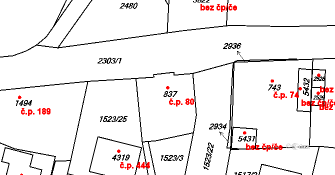 Kryblice 80, Trutnov na parcele st. 837 v KÚ Trutnov, Katastrální mapa
