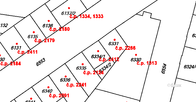 Jižní Předměstí 2412, Plzeň na parcele st. 6334/1 v KÚ Plzeň, Katastrální mapa
