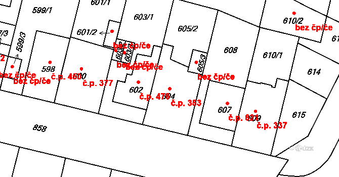 Lobzy 353, Plzeň na parcele st. 604 v KÚ Lobzy, Katastrální mapa