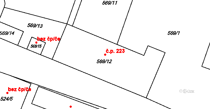 Fulnek 223 na parcele st. 569/12 v KÚ Fulnek, Katastrální mapa