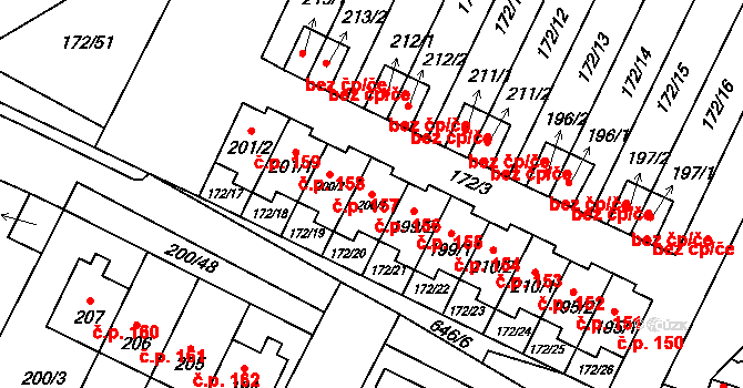 Katusice 156 na parcele st. 200/1 v KÚ Katusice, Katastrální mapa