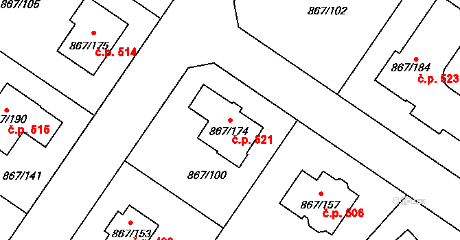 Hřebeč 521 na parcele st. 867/174 v KÚ Hřebeč, Katastrální mapa