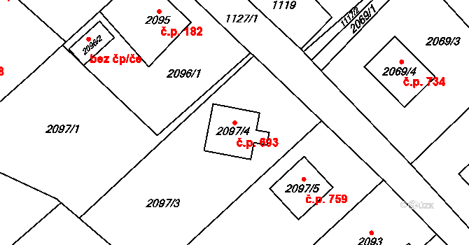 Fryčovice 693 na parcele st. 2097/4 v KÚ Fryčovice, Katastrální mapa