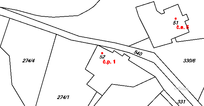 Bernov 1, Krajková na parcele st. 52 v KÚ Leopoldovy Hamry, Katastrální mapa