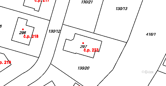 Těšetice 223 na parcele st. 297 v KÚ Těšetice u Olomouce, Katastrální mapa
