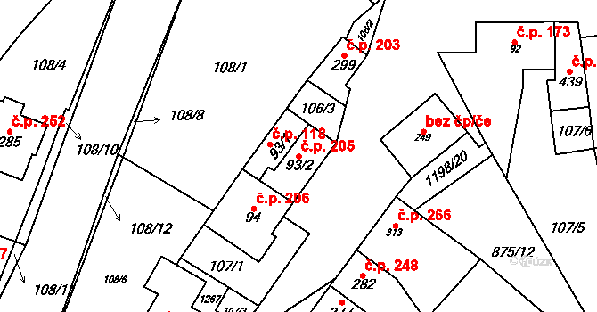 Jimramov 205 na parcele st. 93/2 v KÚ Jimramov, Katastrální mapa