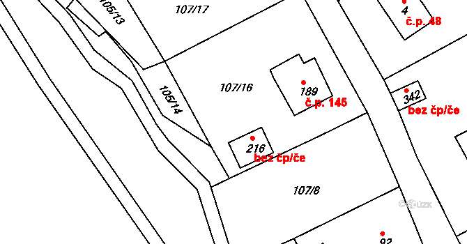 Lom 43659047 na parcele st. 216 v KÚ Loučná u Lomu, Katastrální mapa