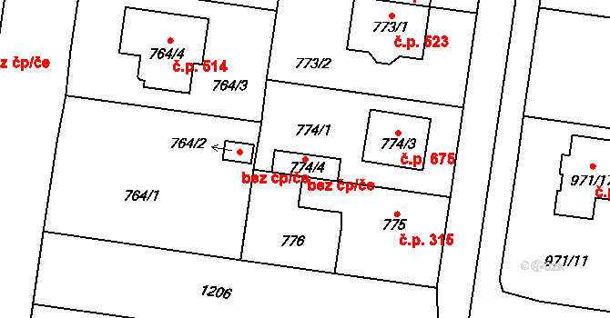 Plzeň 48728047 na parcele st. 774/4 v KÚ Újezd, Katastrální mapa