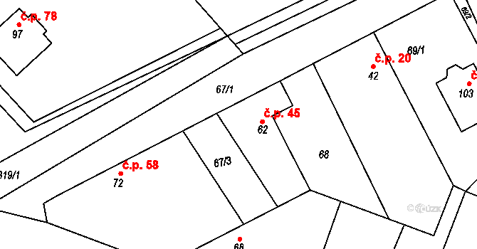 Rasochy 45, Uhlířská Lhota na parcele st. 62 v KÚ Rasochy, Katastrální mapa