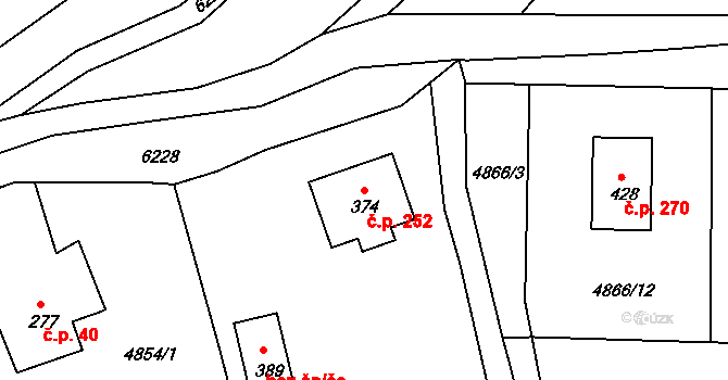 Pocinovice 252 na parcele st. 374 v KÚ Pocinovice, Katastrální mapa