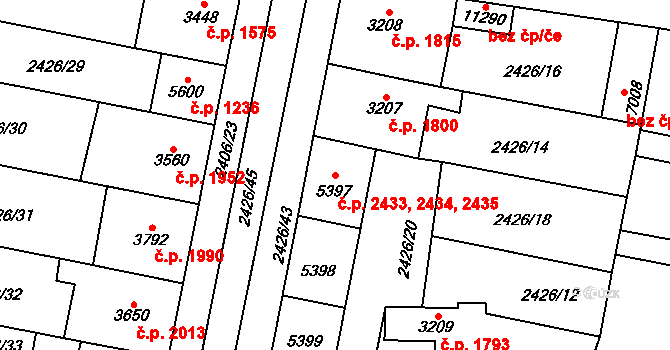 Zelené Předměstí 2433,2434,2435, Pardubice na parcele st. 5397 v KÚ Pardubice, Katastrální mapa