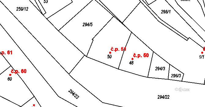 Holešín 51, Rájec-Jestřebí na parcele st. 50 v KÚ Holešín, Katastrální mapa