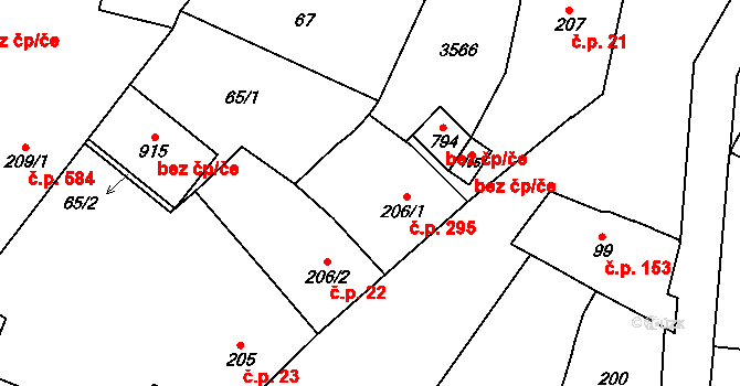 Lysice 295 na parcele st. 206/1 v KÚ Lysice, Katastrální mapa