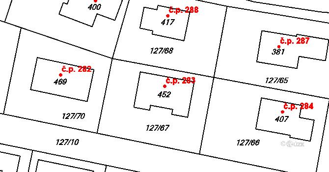 Minice 283, Kralupy nad Vltavou na parcele st. 452 v KÚ Minice u Kralup nad Vltavou, Katastrální mapa